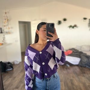 Preppy purple checkered cardigan